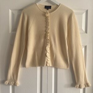 David Meister Ivory/Cream Cashmere Ruffled Front Cardigan - Size Medium